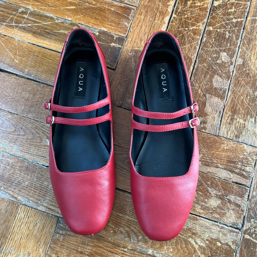Aqua red leather Mary jane double strap flats
